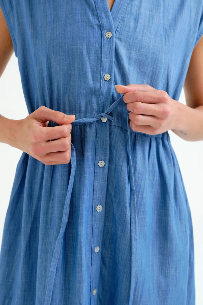 Light blue 100% cotton chambray midi dress
