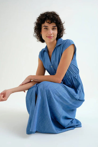 Light blue 100% cotton chambray midi dress
