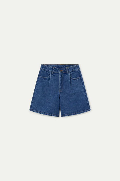 Blue denim shorts with wavy detail