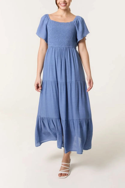 Tiered Dress with Shirring and Flutter Sleeve in Denim Blue