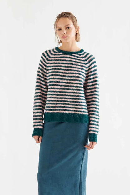 Dark green and pink striped knit sweater