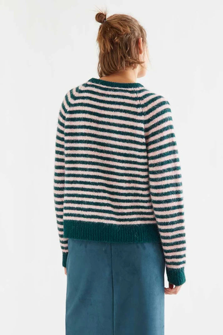 Dark green and pink striped knit sweater