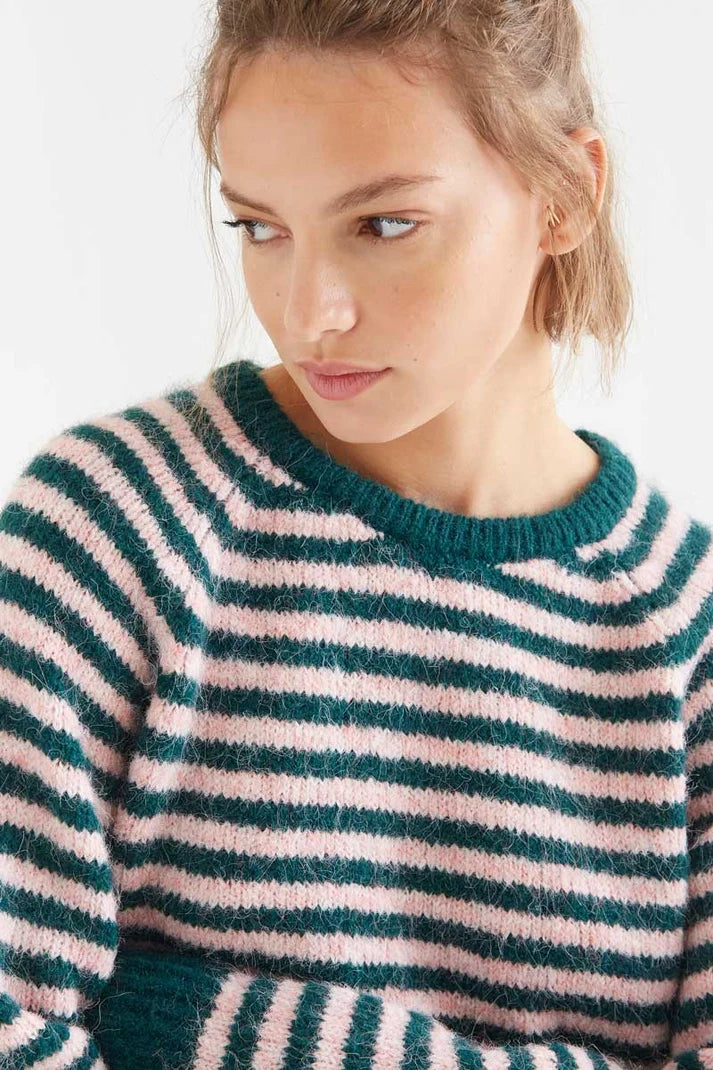 Dark green and pink striped knit sweater