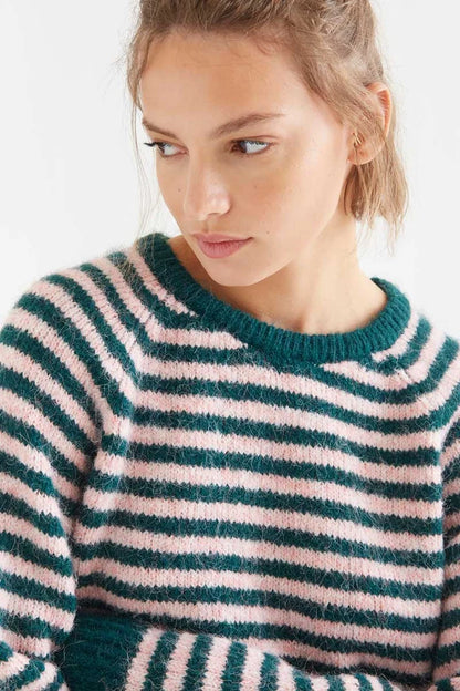 Dark green and pink striped knit sweater