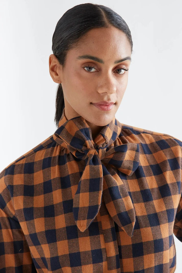 100% cotton lace-up shirt with brown and navy plaid print