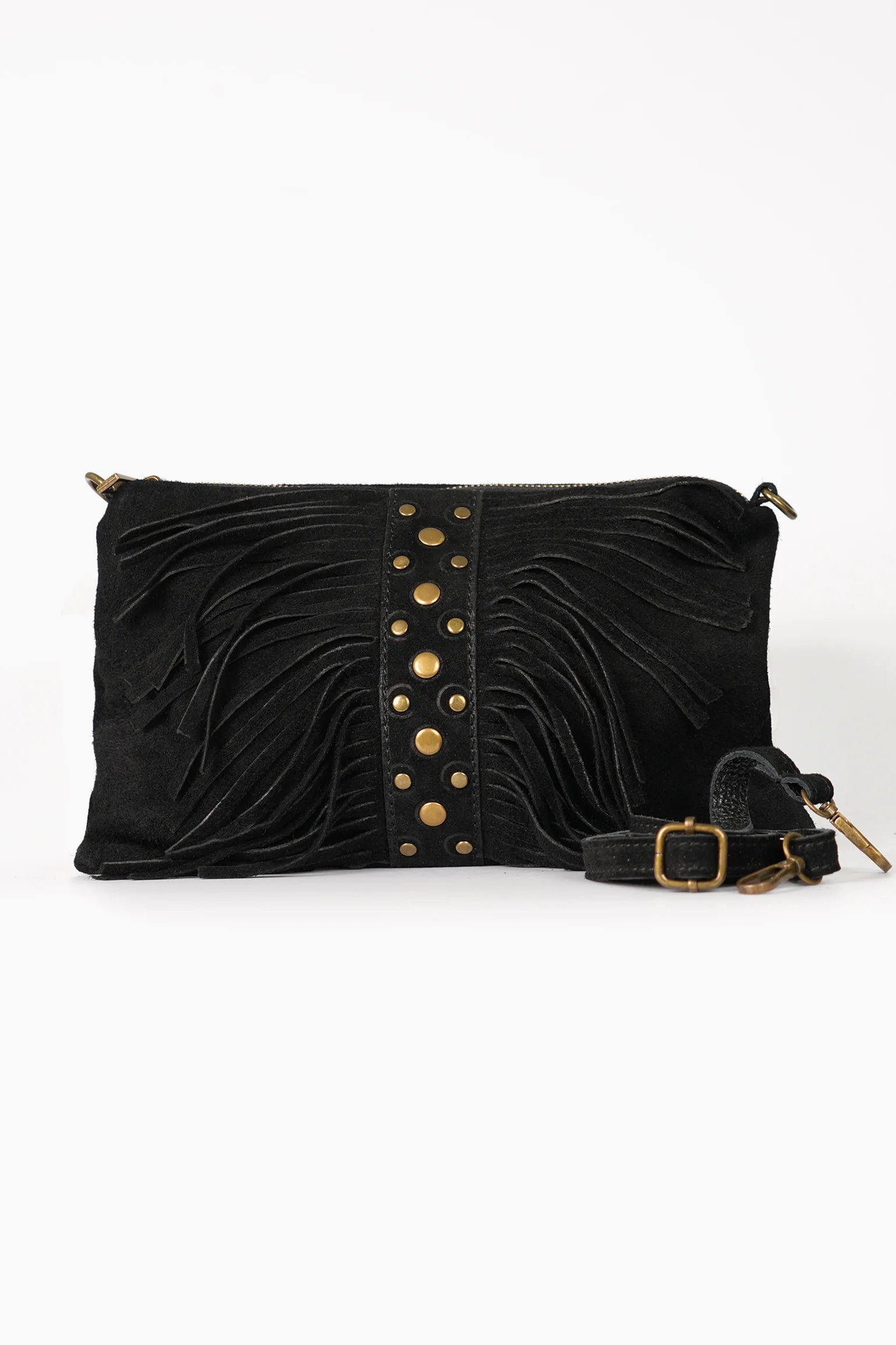 Fringed Studded Clutch Bag Italian Suede Leather in Black