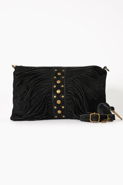 Fringed Studded Clutch Bag Italian Suede Leather in Black