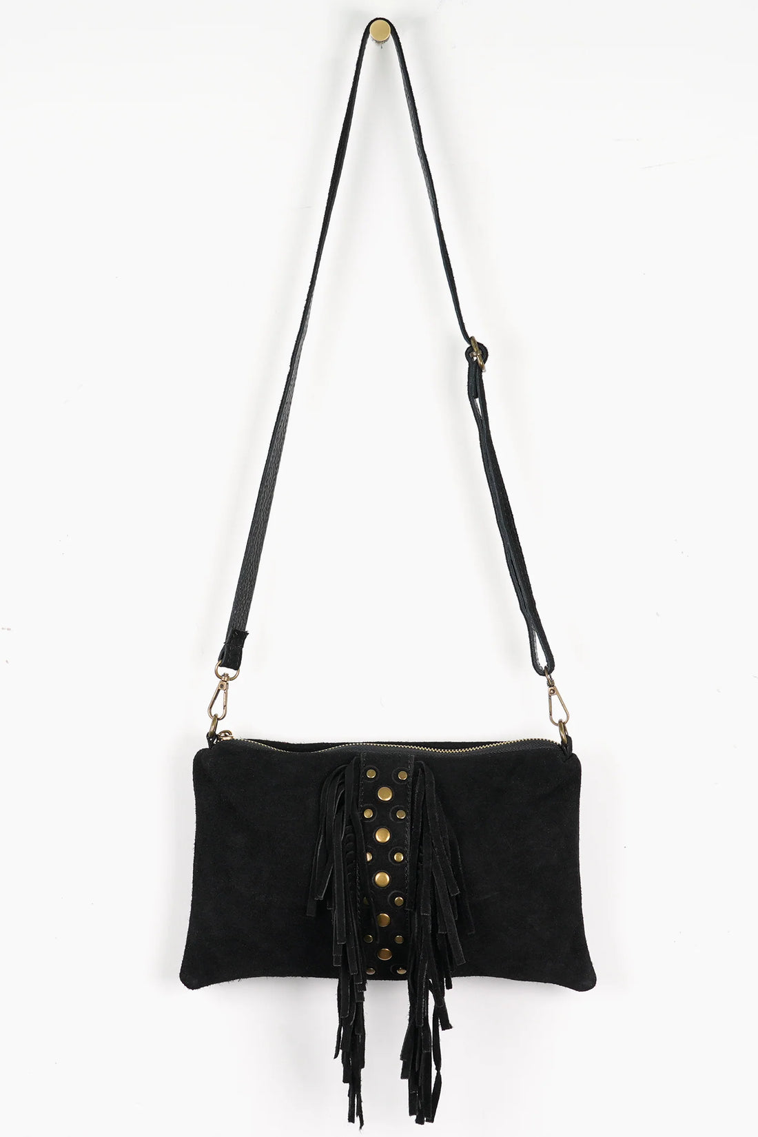 Fringed Studded Clutch Bag Italian Suede Leather in Black