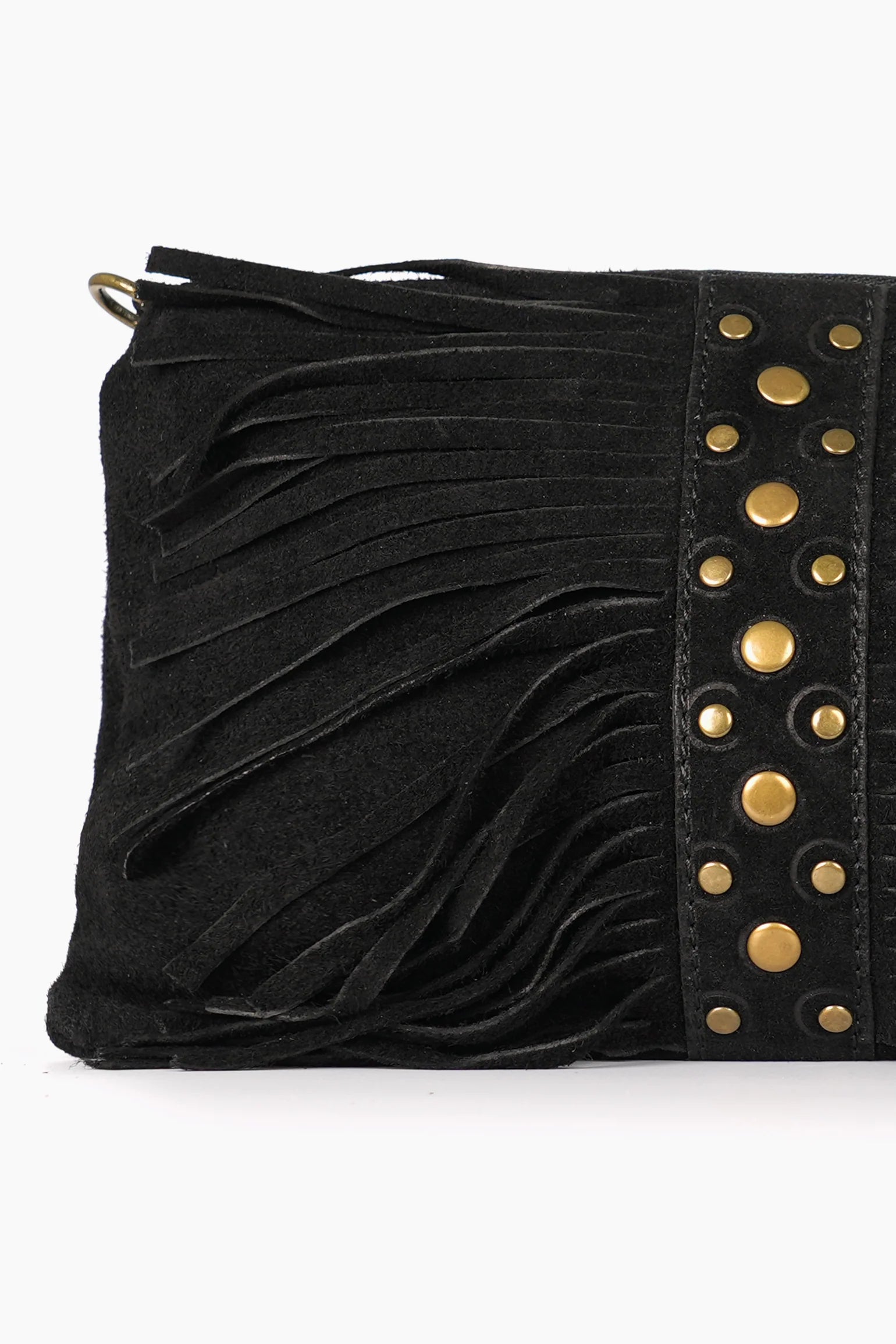 Fringed Studded Clutch Bag Italian Suede Leather in Black