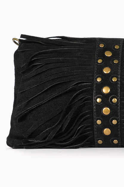 Fringed Studded Clutch Bag Italian Suede Leather in Black