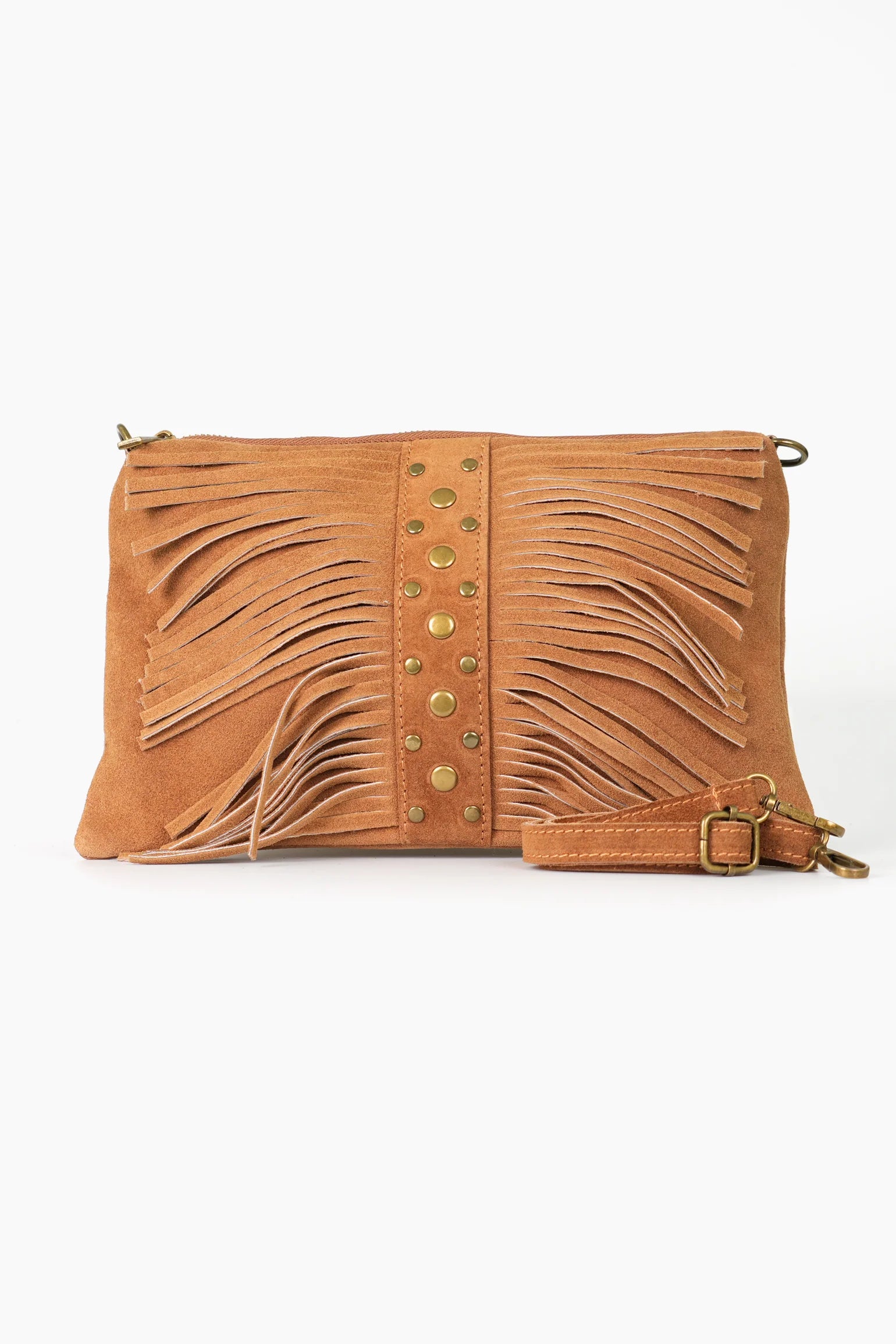 Fringed Studded Clutch Bag Italian Suede Leather in Tan