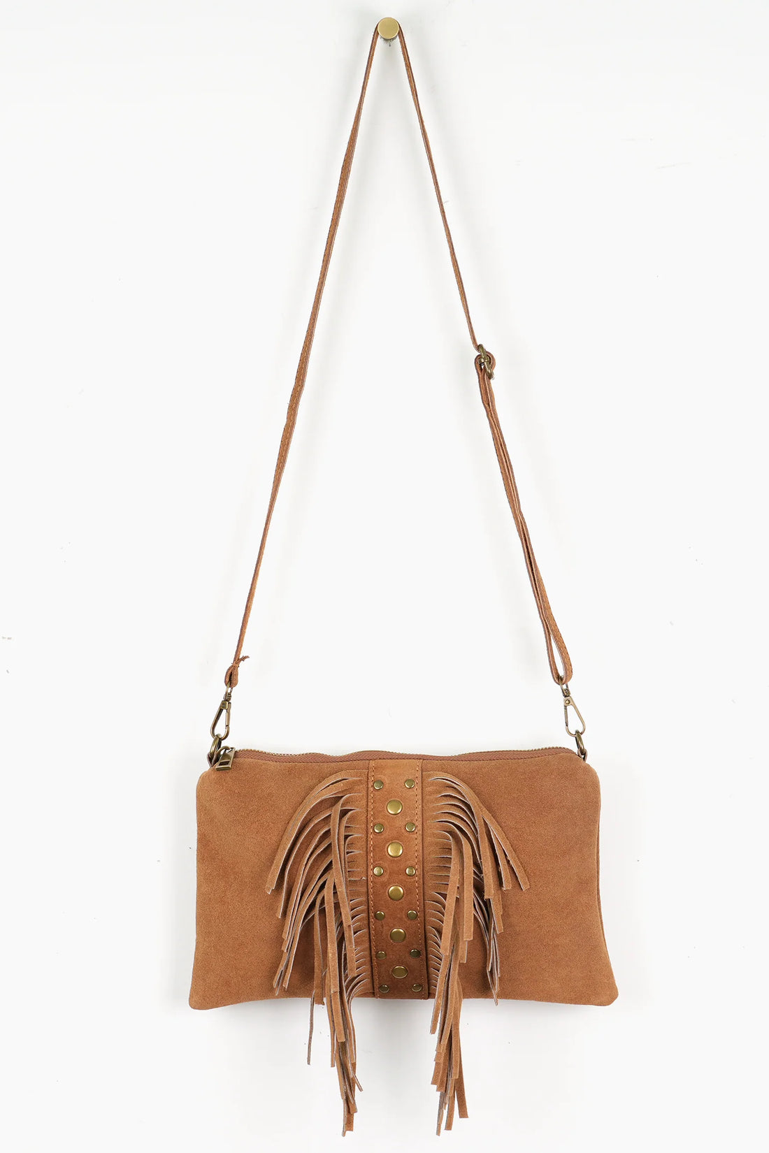 Fringed Studded Clutch Bag Italian Suede Leather in Tan