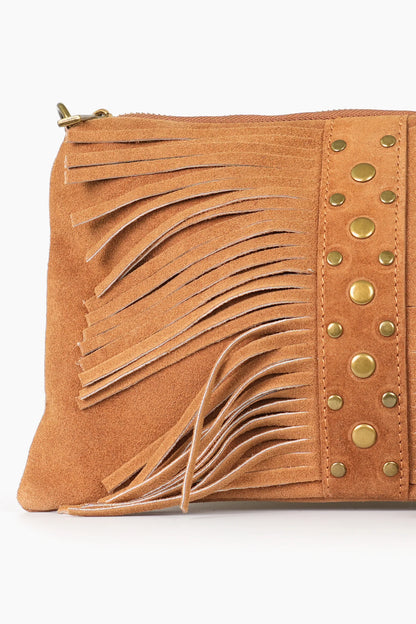 Fringed Studded Clutch Bag Italian Suede Leather in Tan