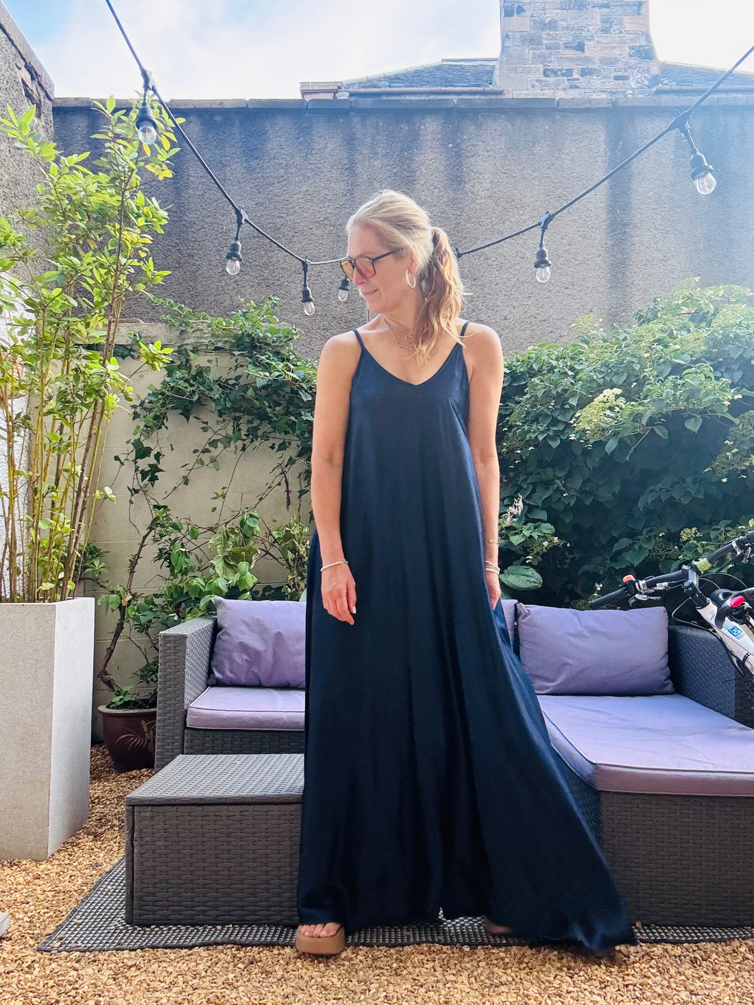 Satin Navy Floor Length Dress