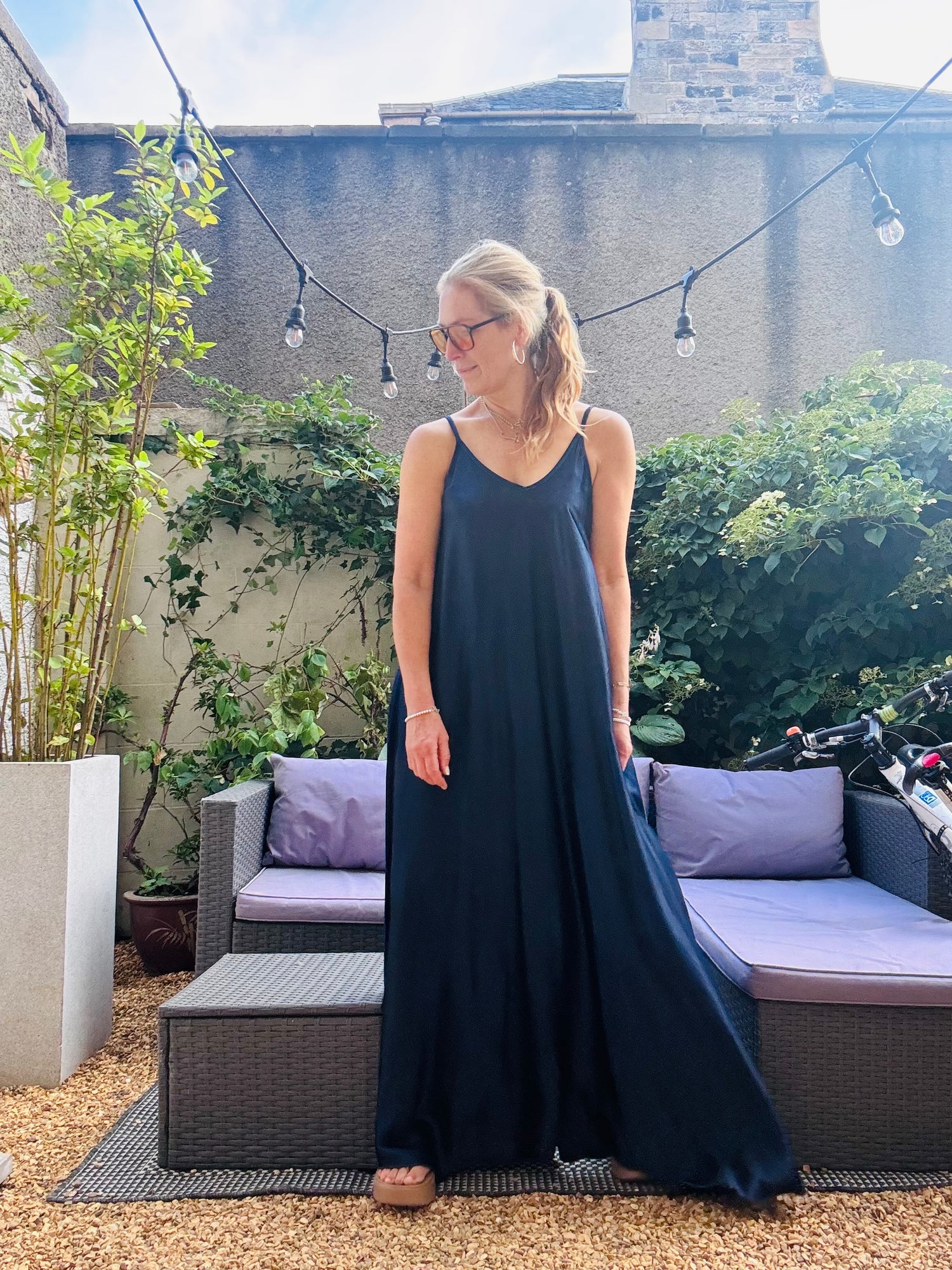 Satin Navy Floor Length Dress