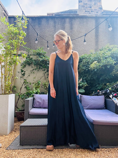 Satin Navy Floor Length Dress