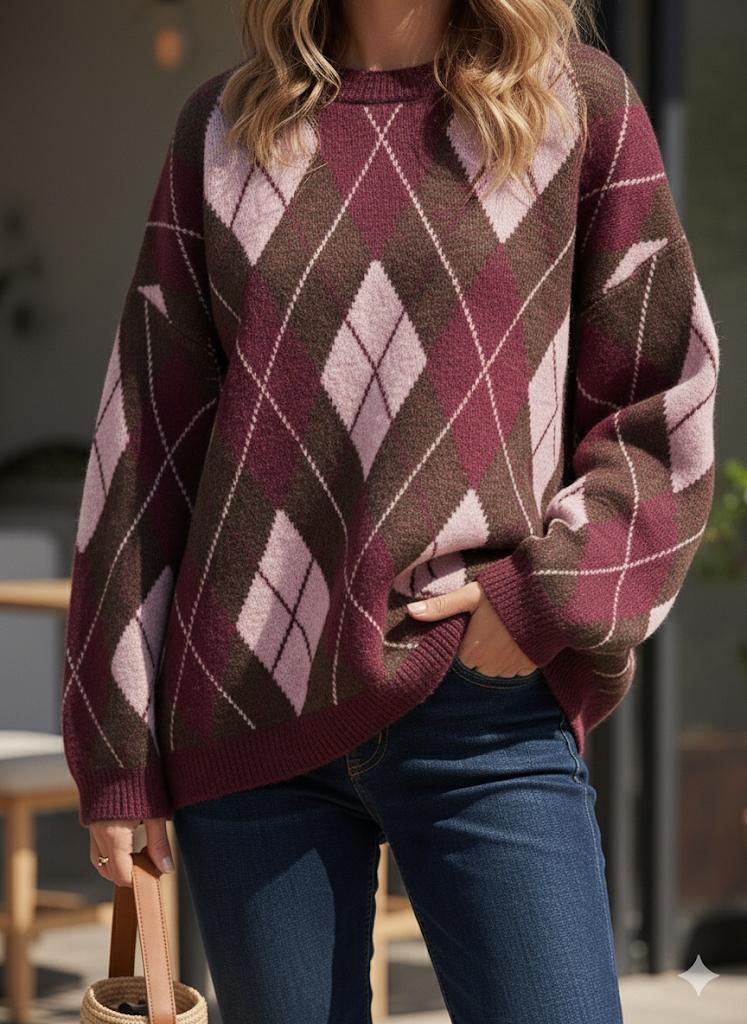Darcey Round Neck Knit with Diamond Pattern in Burgundy (ONE SIZE)