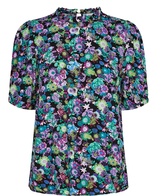 Nümph nuviola Short Sleeved High Neck Top in Floral Print on Black