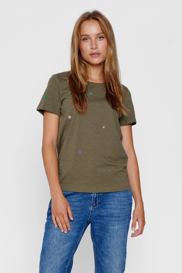 Nümph Nuvilli Organic Cotton T-Shirt in Ivy Green with Embroidered Stars