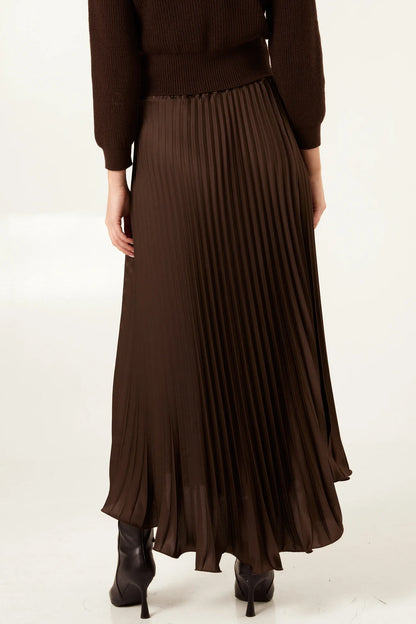 Satin Pleated Maxi Skirt in Chocolate Brown (ONE SIZE)