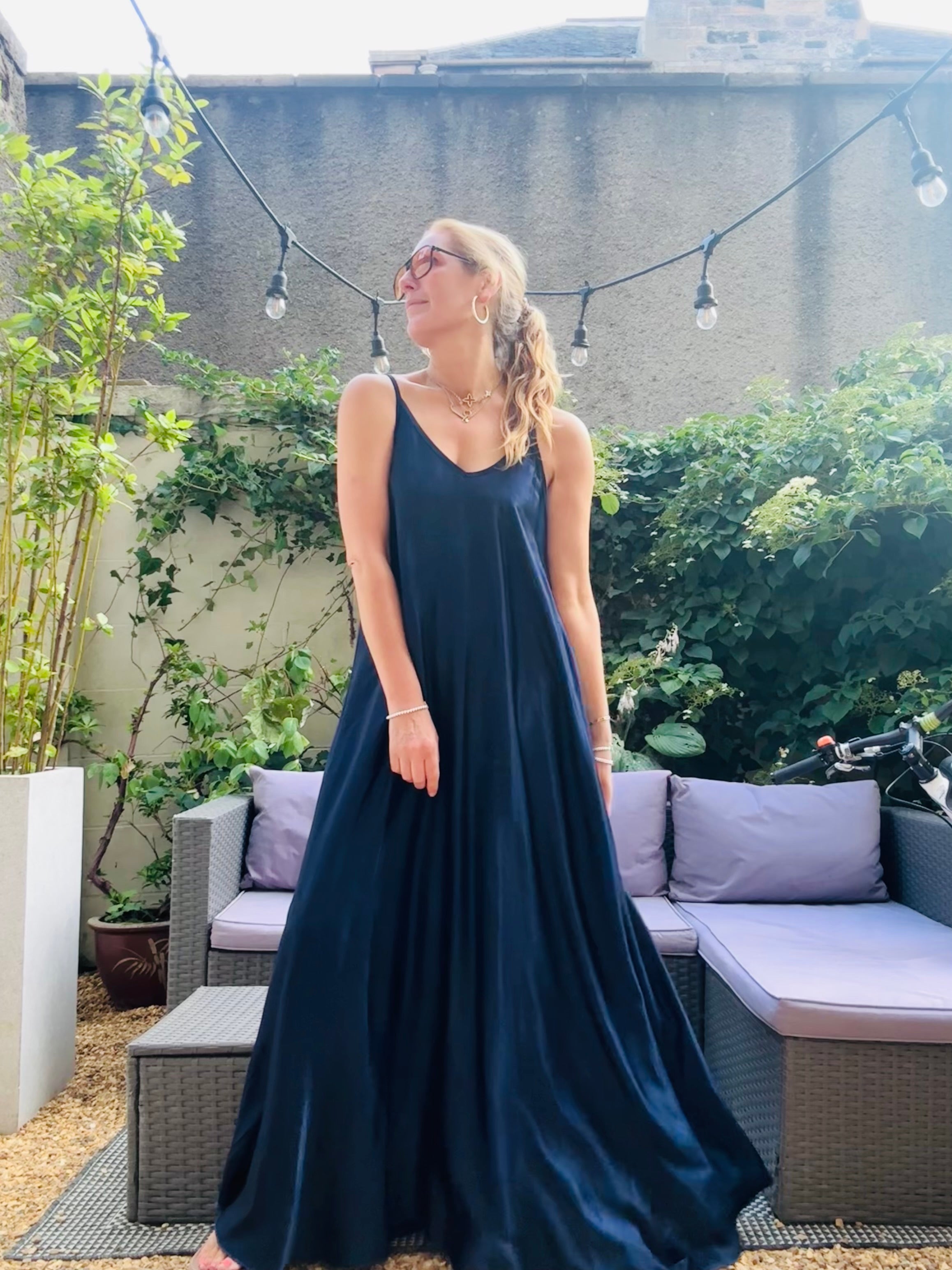 Satin Navy Floor Length Dress