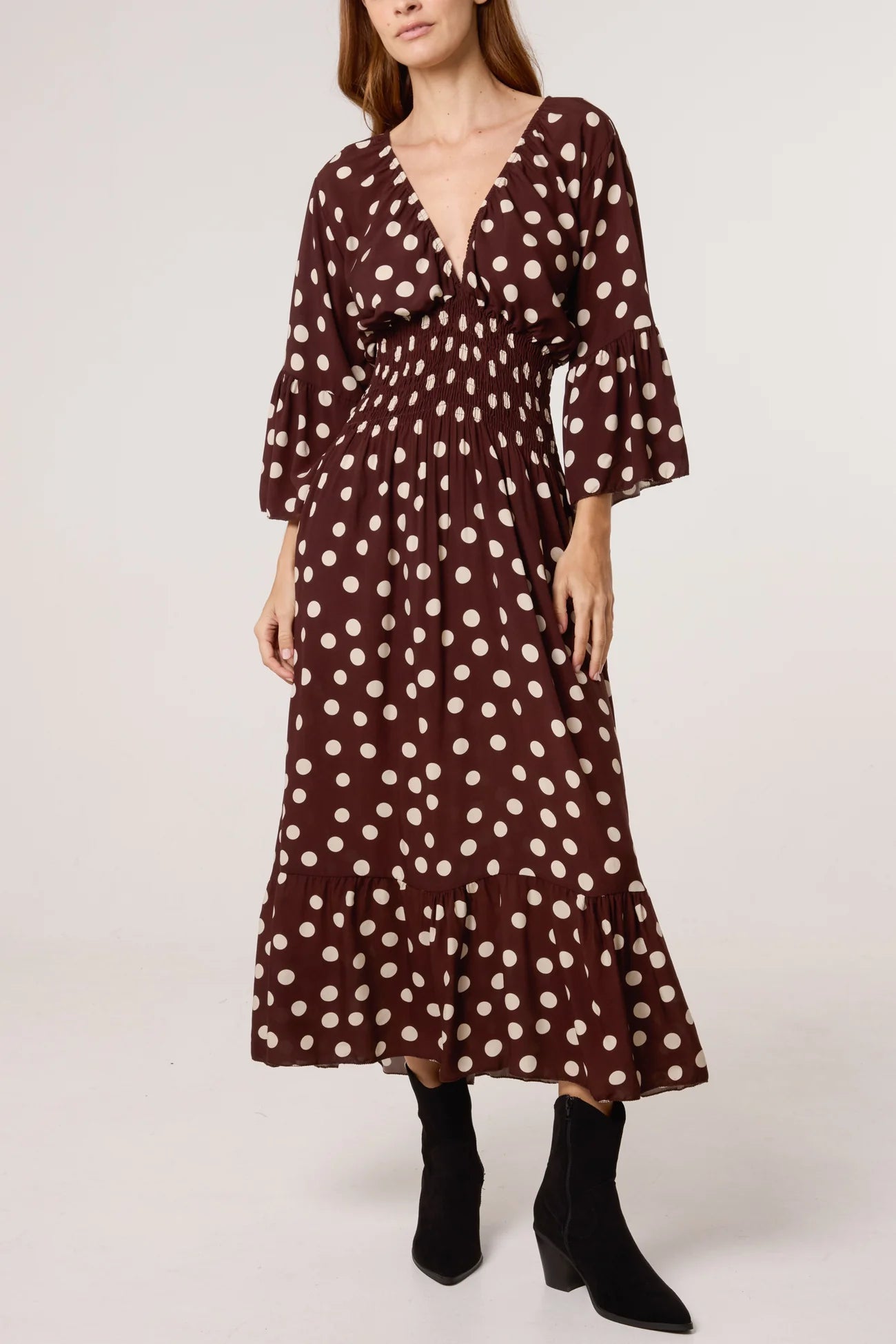 Polka Dot Shirred Waist Dress in Chocolate Brown (ONE SIZE