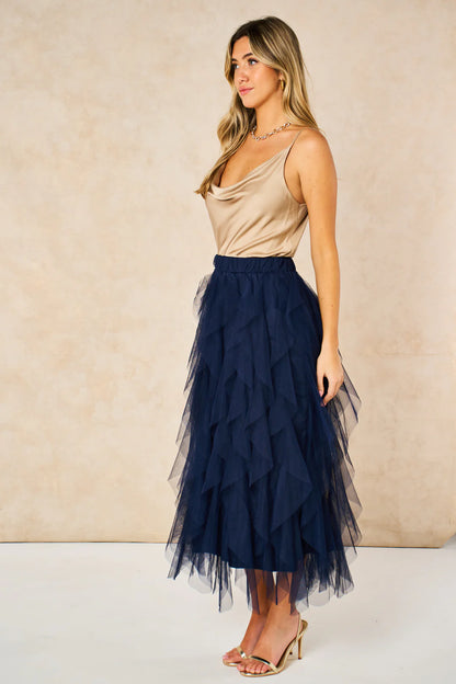 Maxi Tulle Skirt- Navy Blue, Layered Frills
