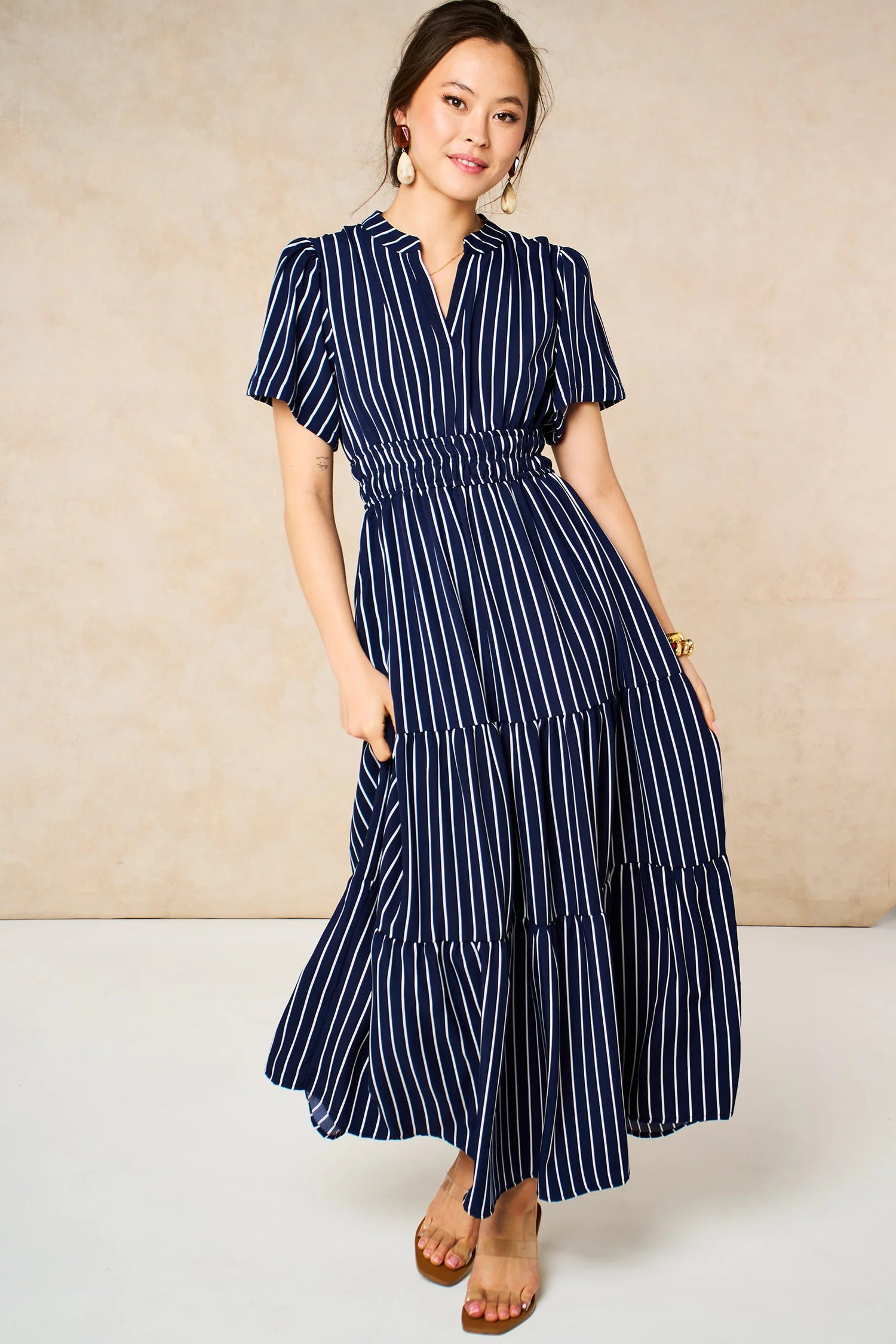 Striped Tiered Maxi Dress in Navy Blue