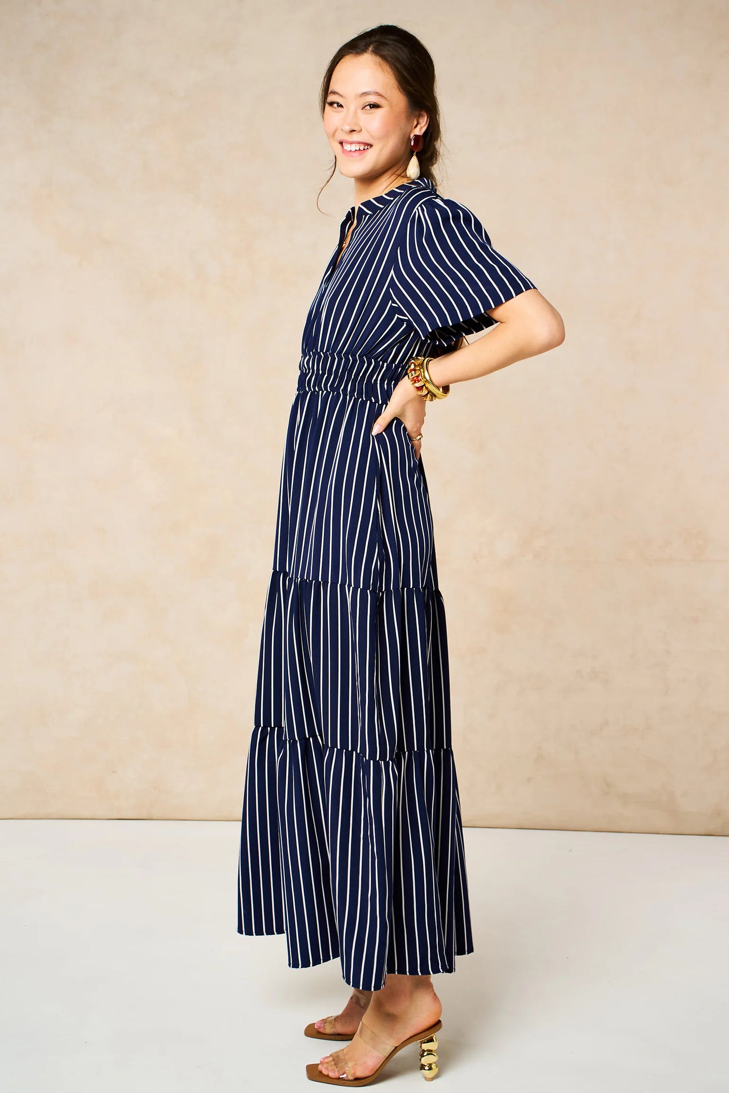 Striped Tiered Maxi Dress in Navy Blue