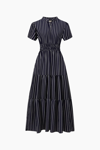 Striped Tiered Maxi Dress in Navy Blue