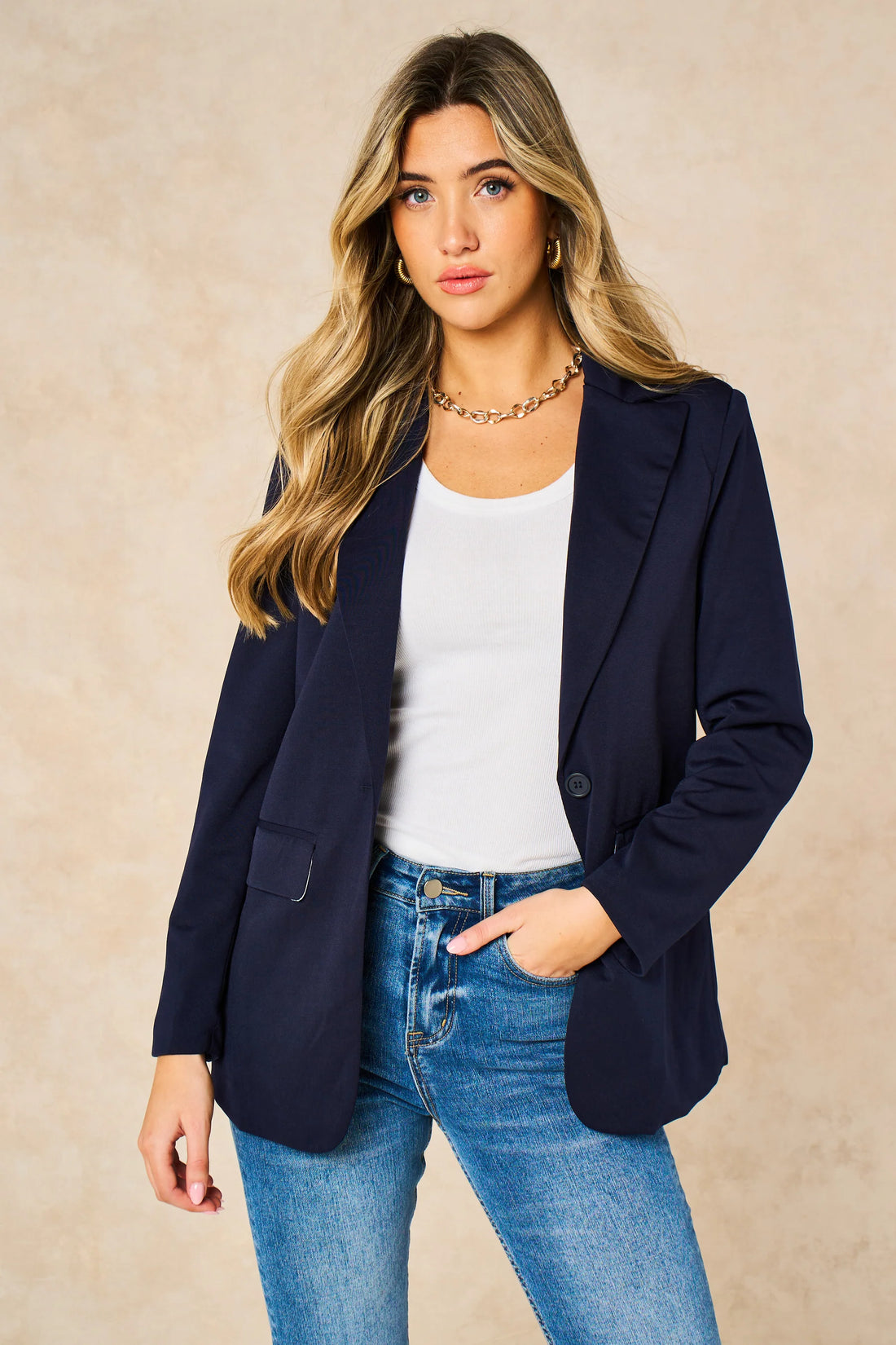Tatum Boyfriend Blazer - Navy Blue, Jersey