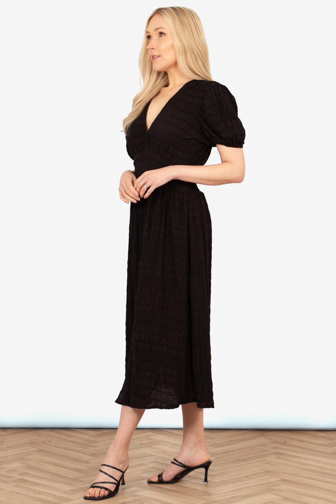 Oliva Button Front Midi Tea Dress - Black