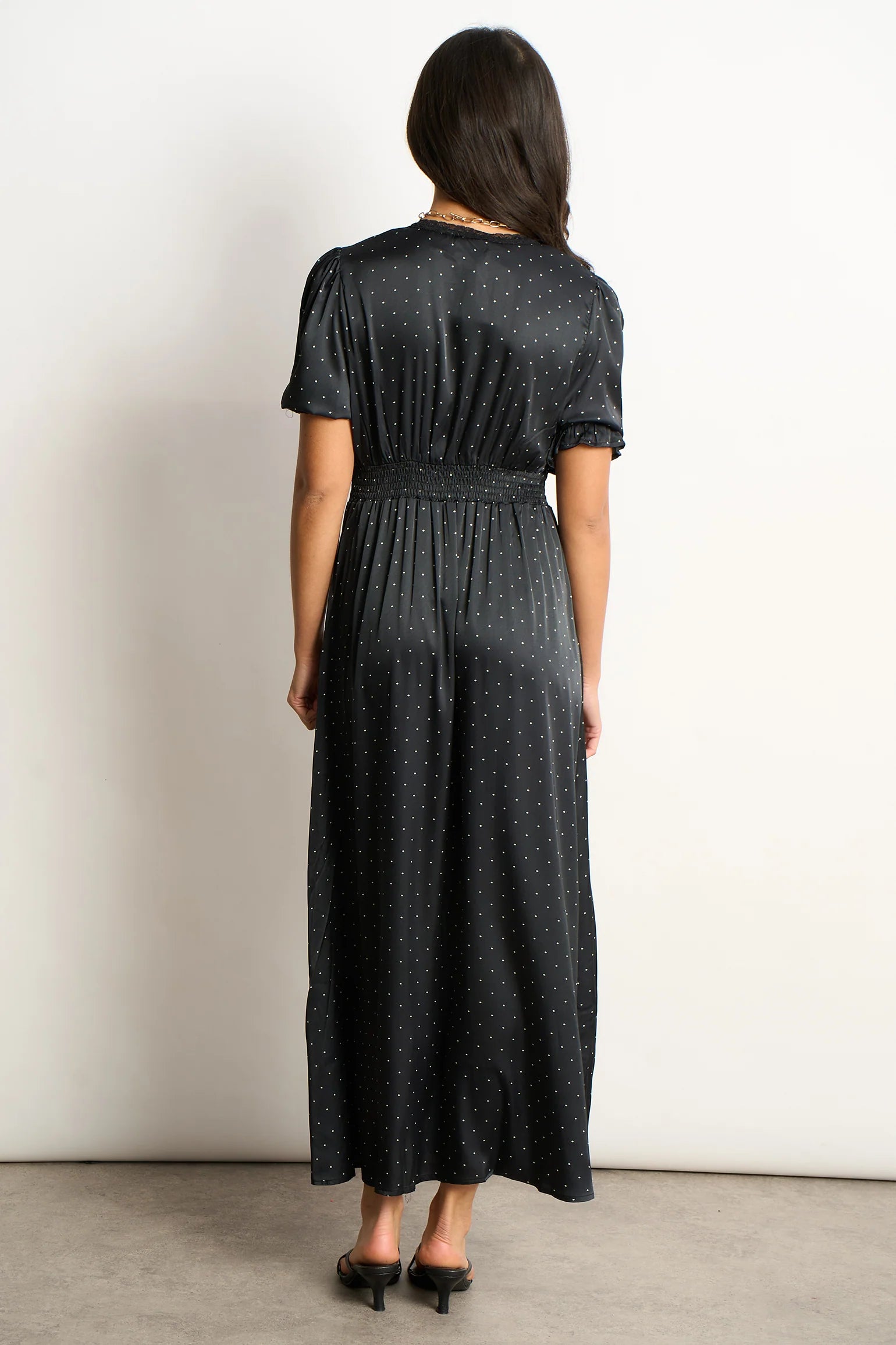 Elise V-Neck Tea Dress- Black/White, Polka Dot