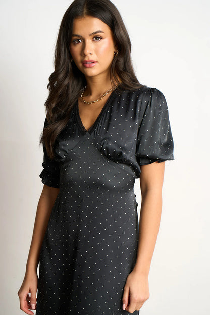 Elise V-Neck Tea Dress- Black/White, Polka Dot
