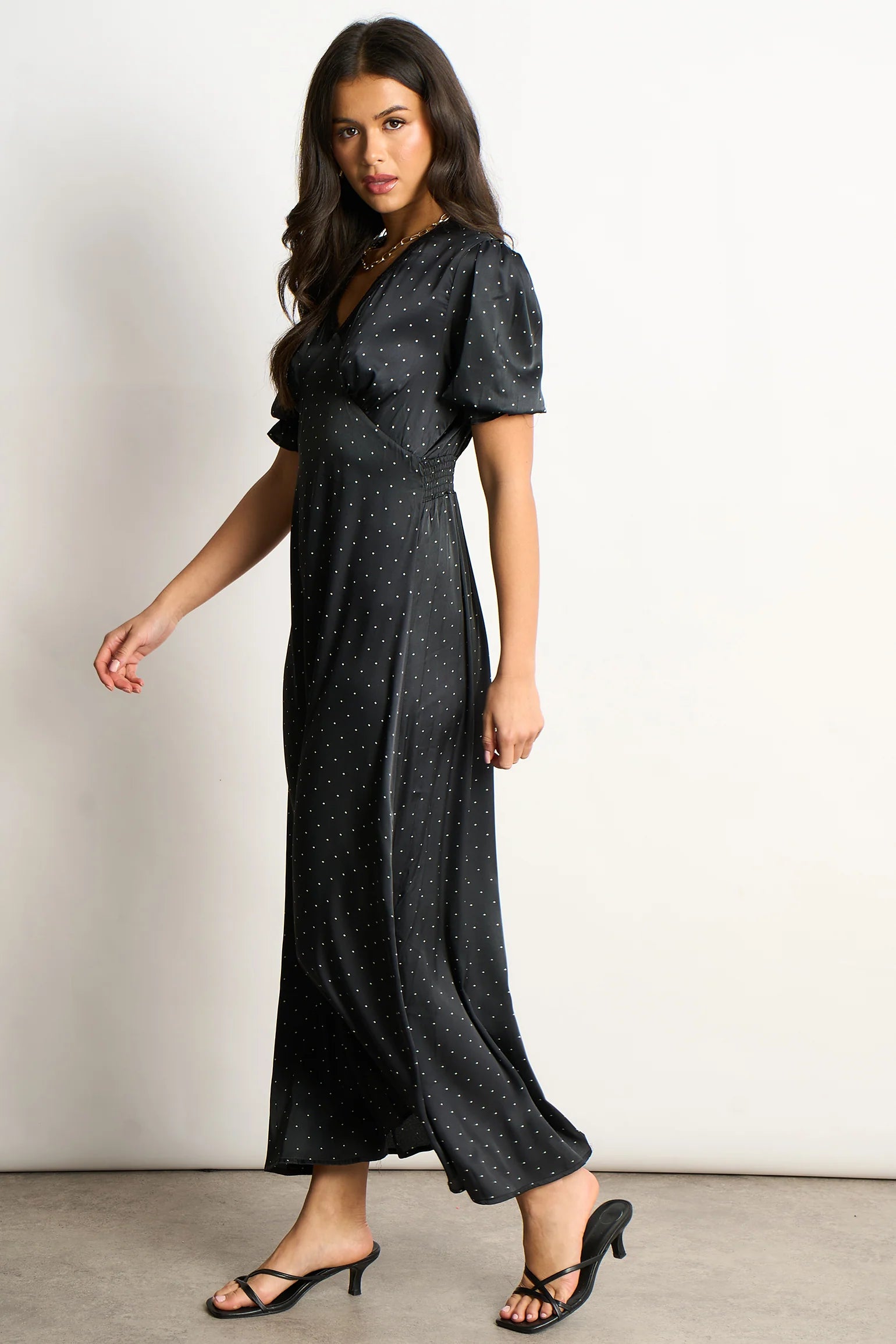 Elise V-Neck Tea Dress- Black/White, Polka Dot