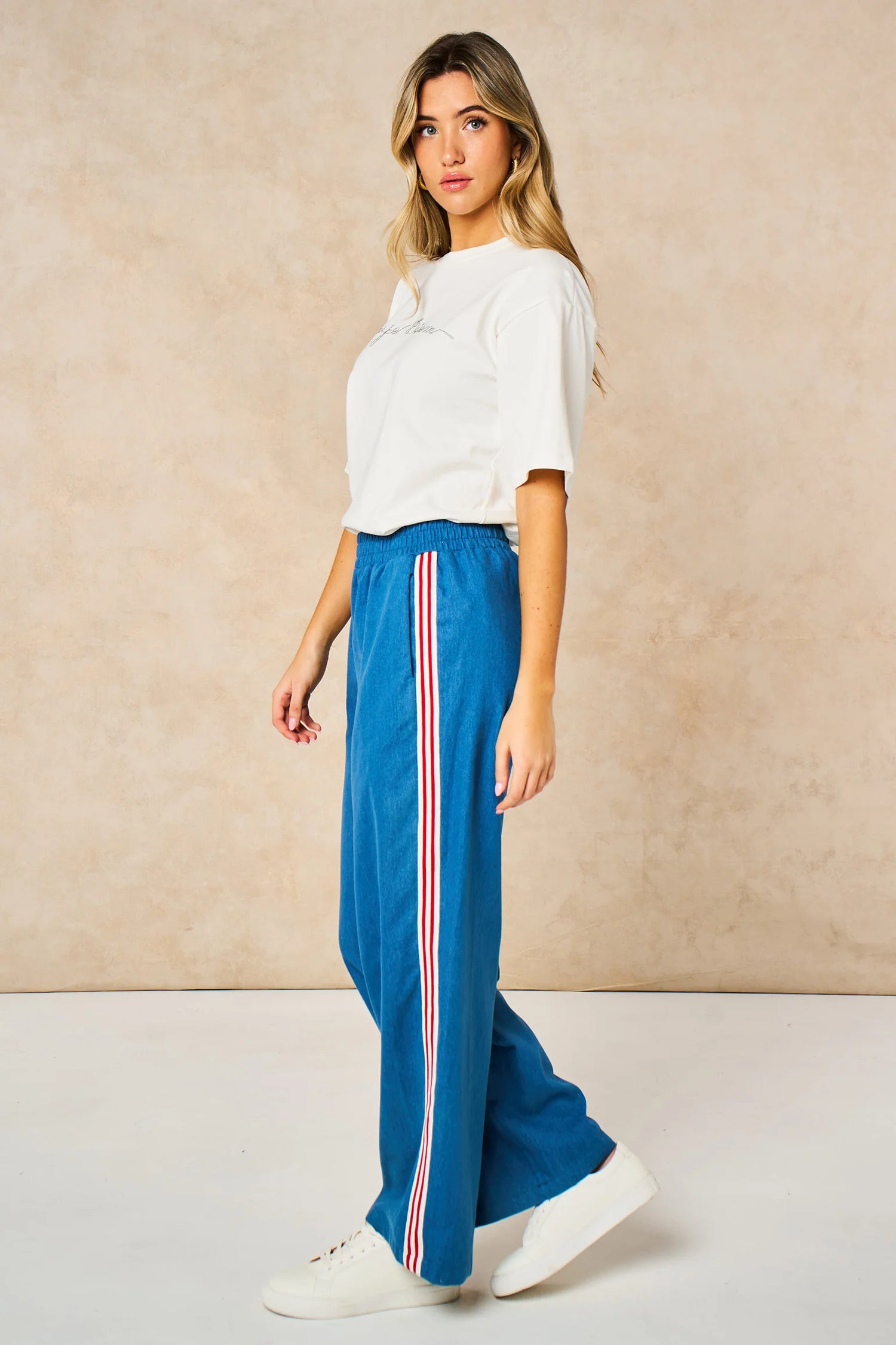 Striped Trim Wide Leg Trousers in Denim Blue