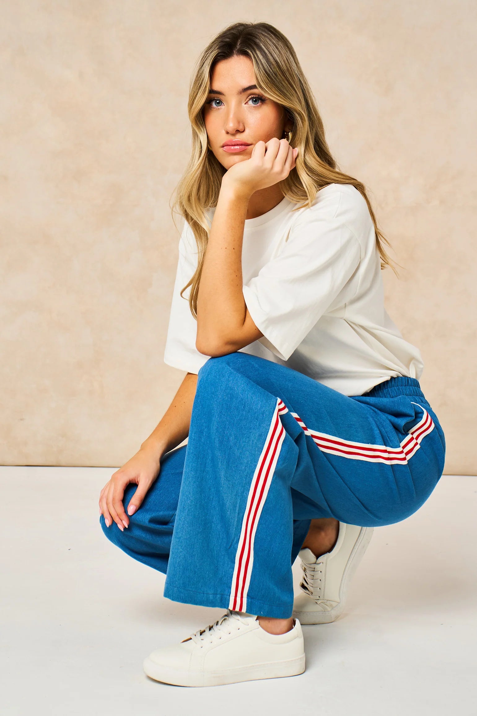 Striped Trim Wide Leg Trousers in Denim Blue