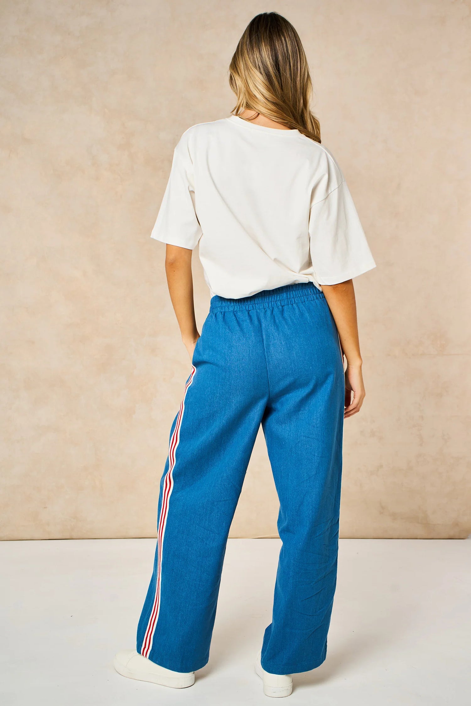 Striped Trim Wide Leg Trousers in Denim Blue