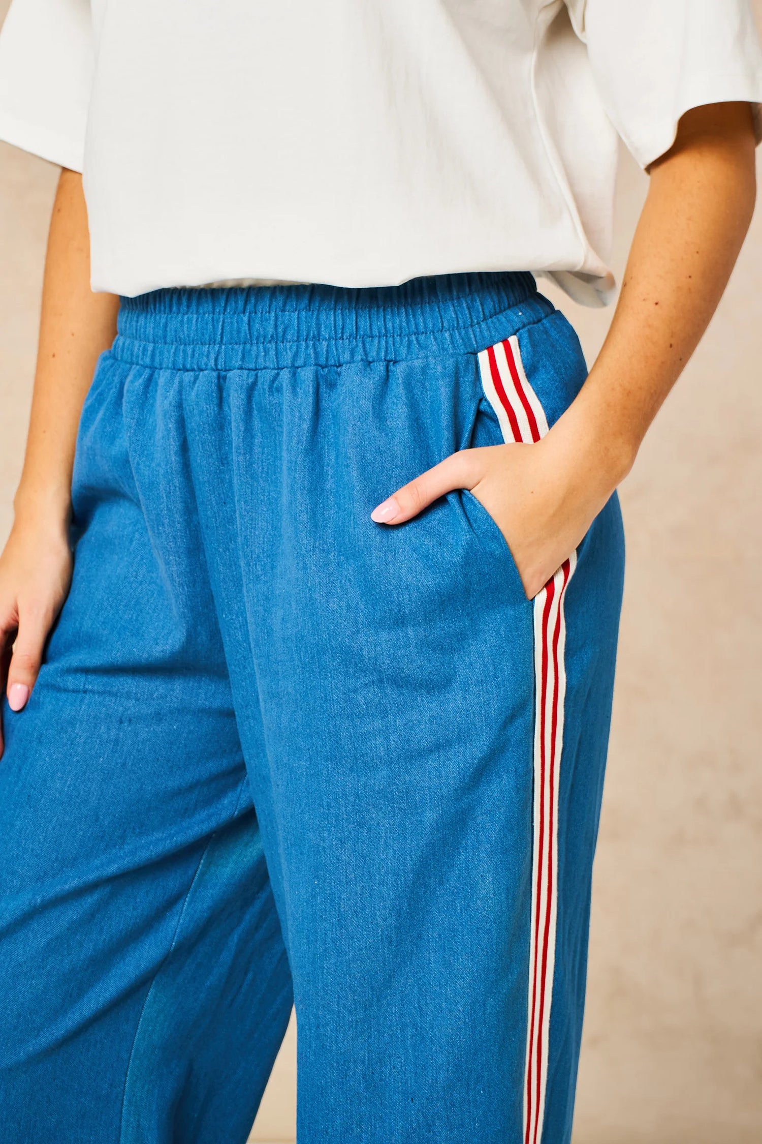 Striped Trim Wide Leg Trousers in Denim Blue