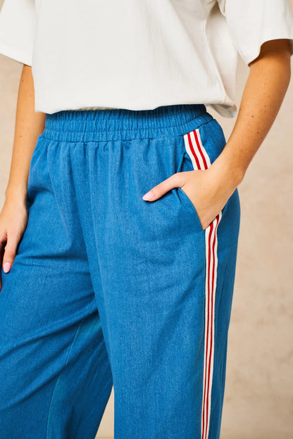 Striped Trim Wide Leg Trousers in Denim Blue