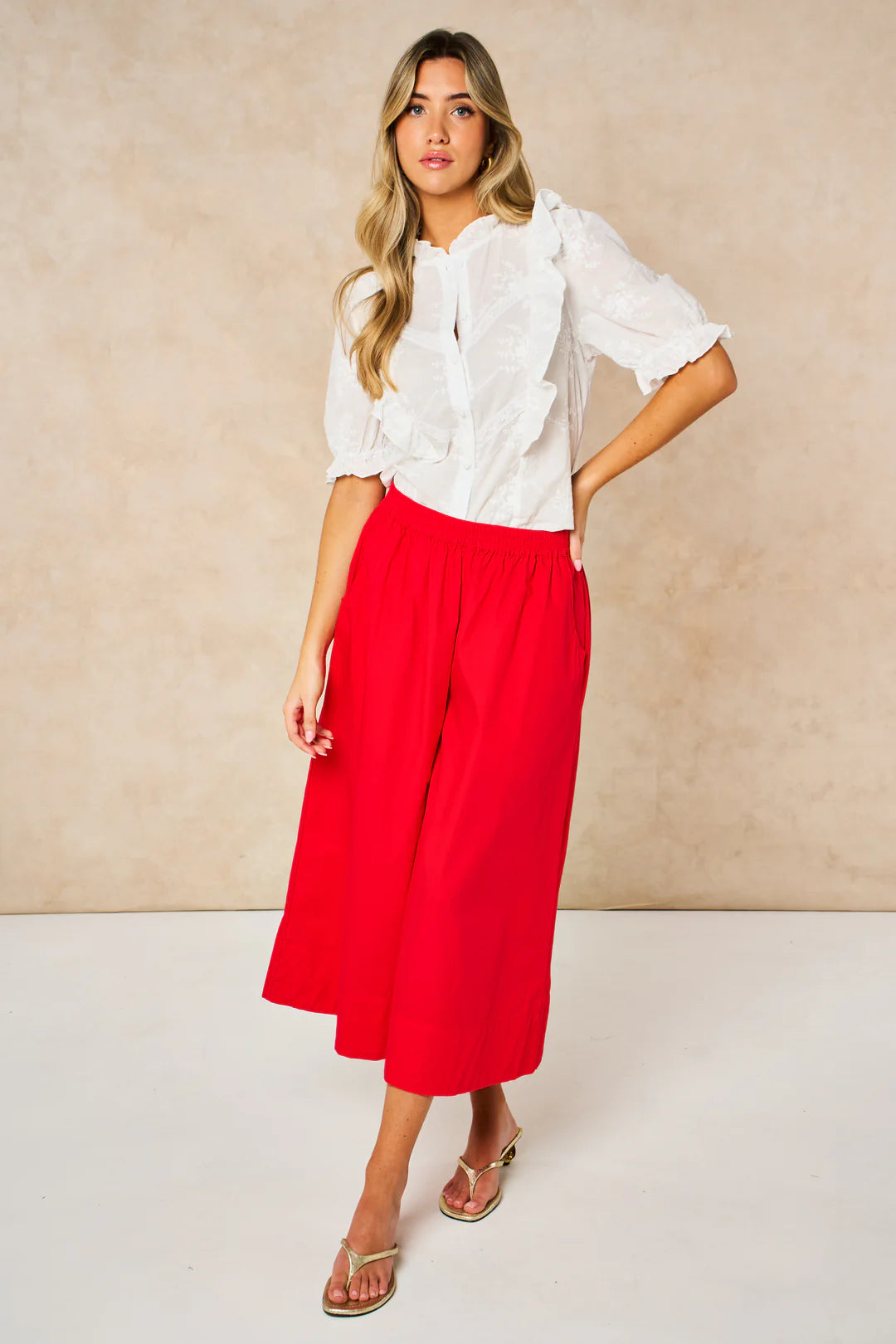 Cotton Ruffle Shirt - White, Floral Embroidery