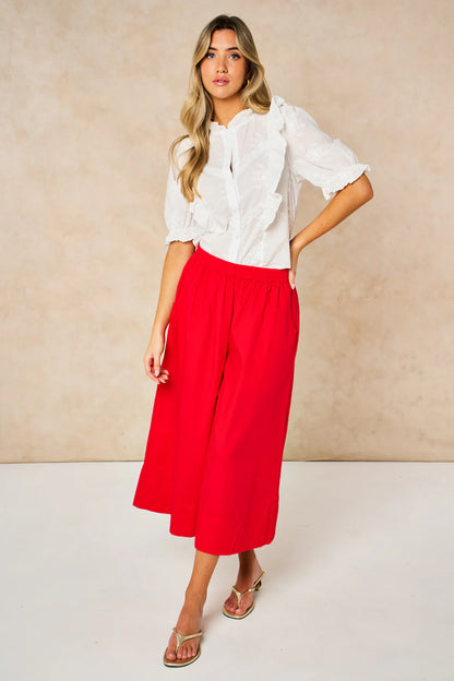 Cotton Ruffle Shirt - White, Floral Embroidery