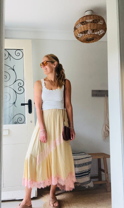 Yellow Dot Satin Skirt with pink lace.