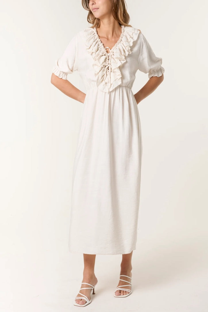 Frill Neckline Dress in Stone (ONE SIZE)
