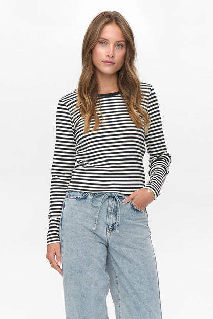 Numph Numelany Long Sleeved Striped Top in Caviar Black