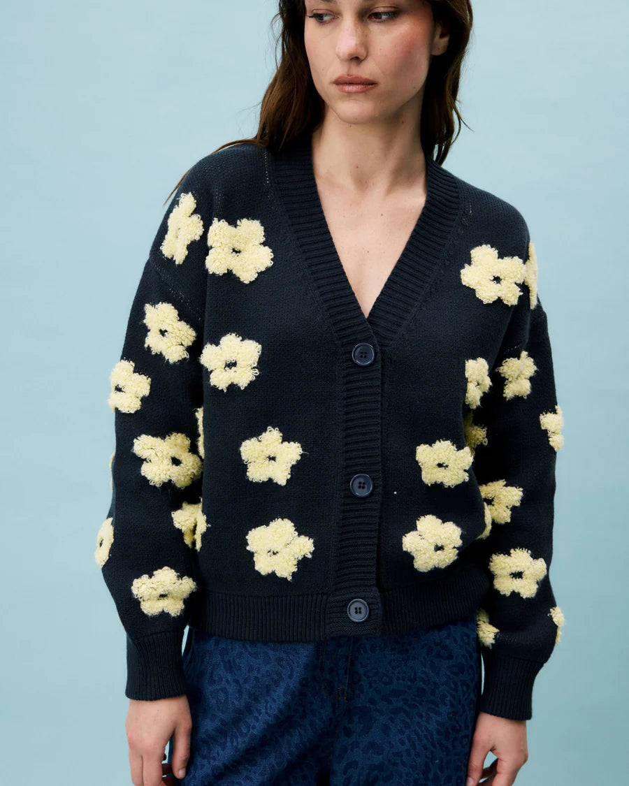 FRNCH Bergenia Cardigan with Flower Motif in Bleu Marine Navy