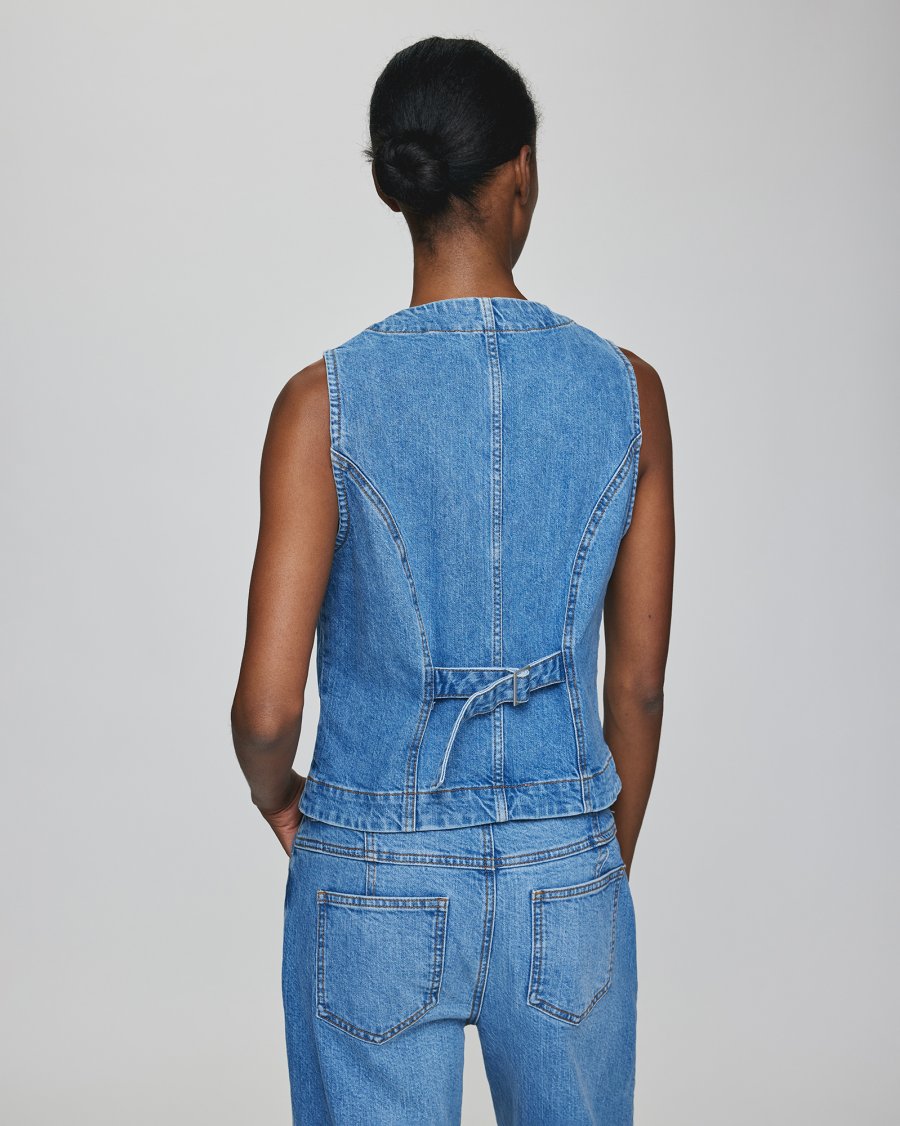 MSCH Eli Ada Denim Waistcoat in Mid Blue Wash