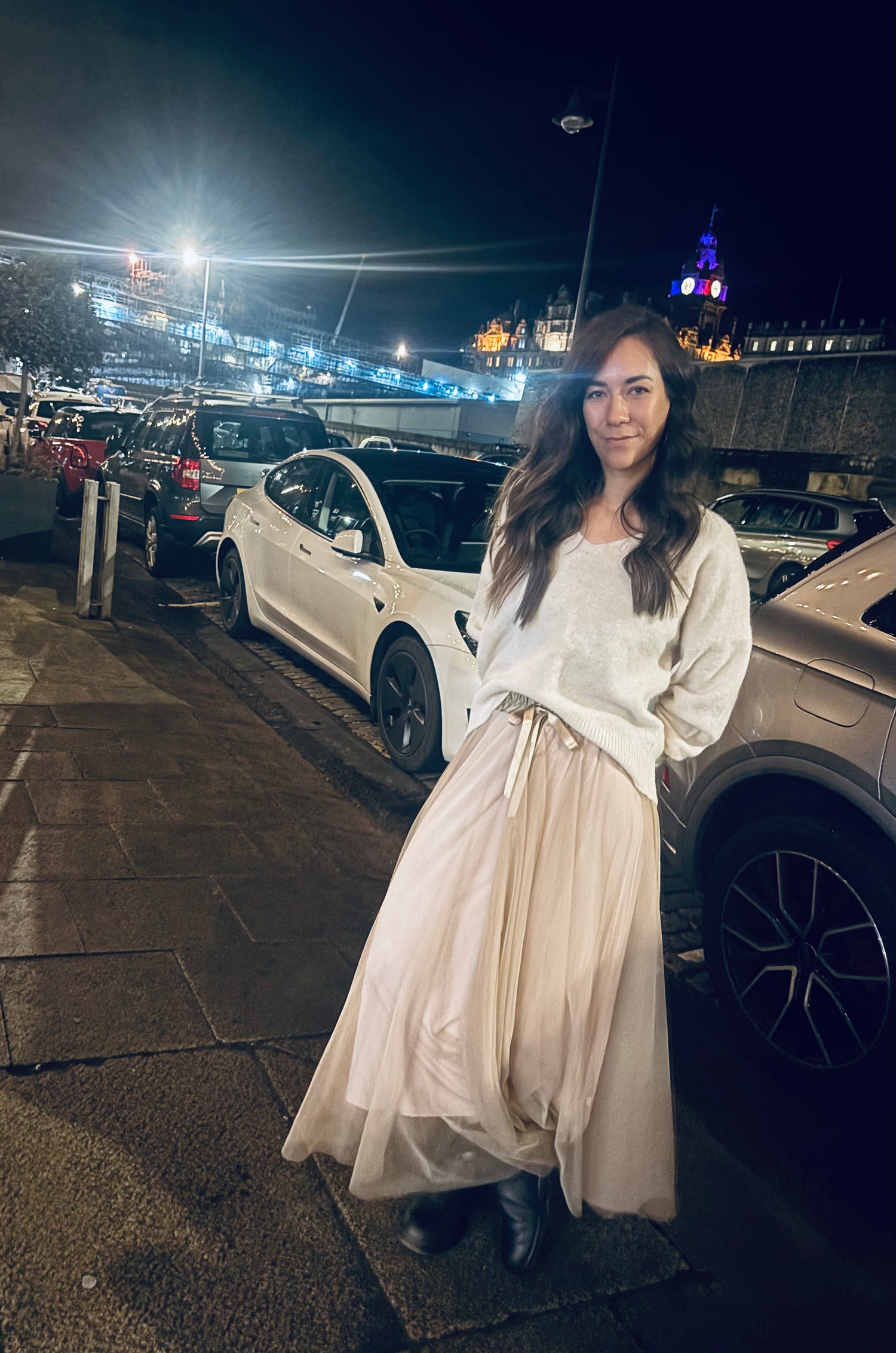 Satin Waistband Tulle Skirt in Beige (ONE SIZE)