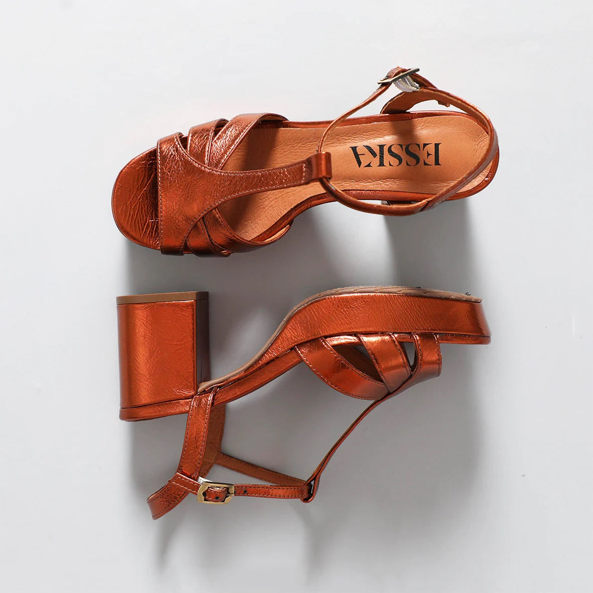Esska Charlie Leather Block Heel Shoe in Metallic Coppero