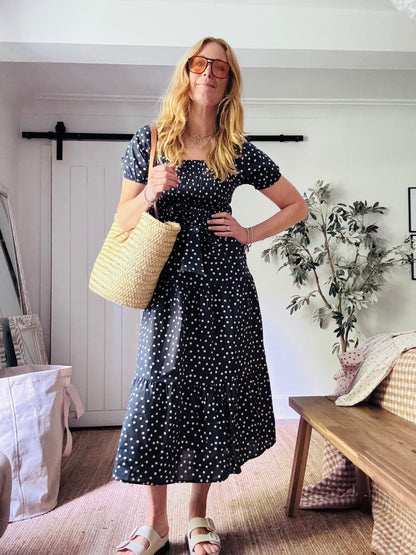 Dotty Dress in Navy and White (one size)
